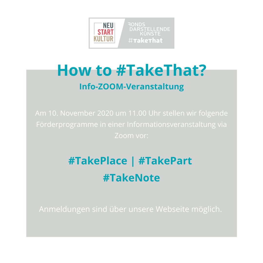 fonds_daku's tweet photo. ▶️Info-ZOOM◀️
Die Antragsfristen rücken näher. Am 10. November 2020 um 11 Uhr führen wir wieder einen Info-Zoom zu folgenden Programmen durch: #TakePlace, #TakePart und #TakeNote.
Zur Anmeldung geht es hier 👉 https://t.co/bYSqO89cLd #TakeThatNeustart https://t.co/w56F2y4eyd