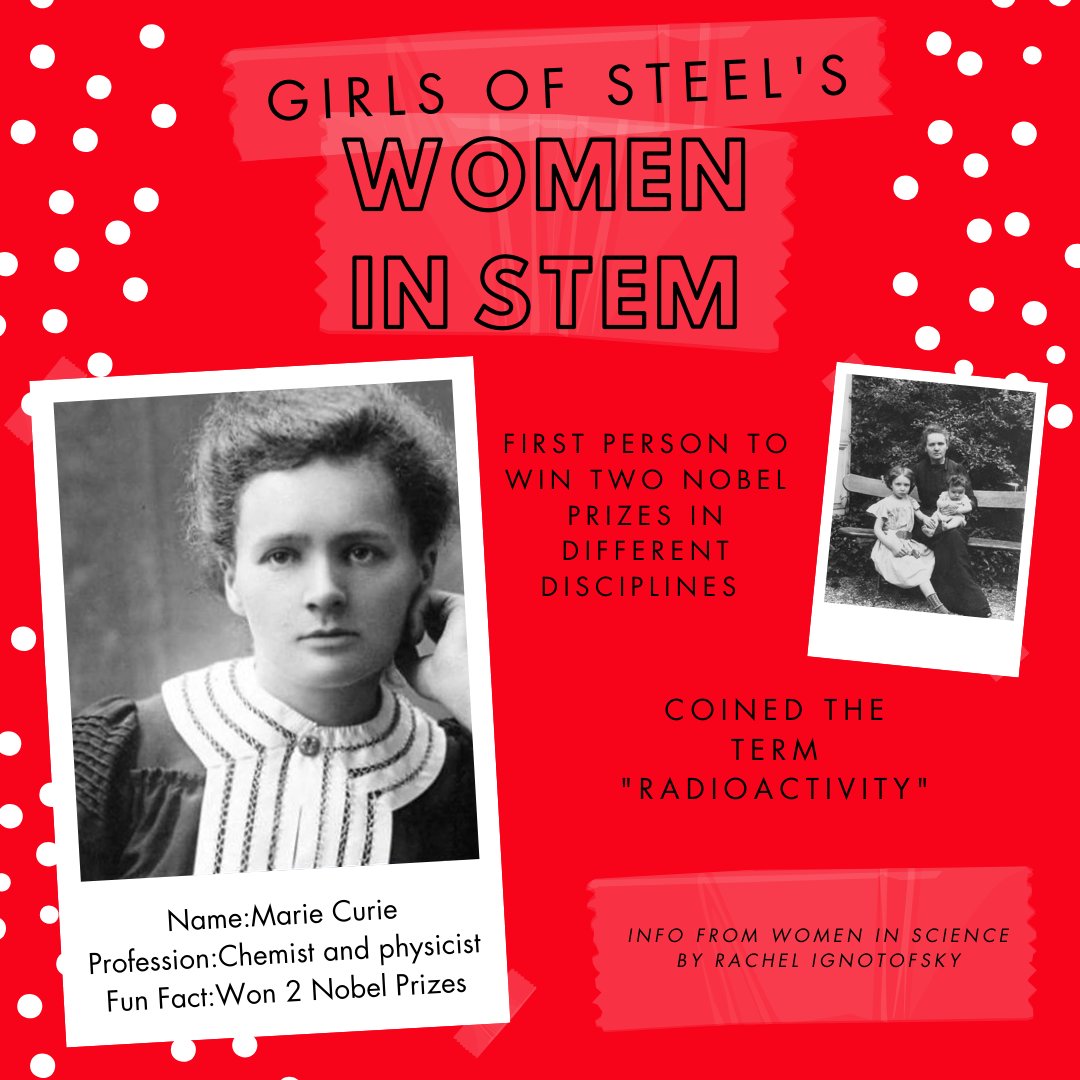 TheGirlsofSteel's tweet photo. Here's the first in our series highlighting significant women in STEM. #girlsofsteel #robotics #roboticsteam #femaleempowerment #womeninstem #stem #learnstem #womenintech #wecandoit #inspiringwomen #mariecurie https://t.co/oZZvpqjYpw