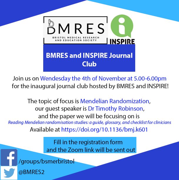 Today <a href="/5pm/">5pm.co.uk</a> we have the first session of our journal club on Mendelian Randomisation. In collaboration <a href="/Brms_Research/">BRistol Medical School (BRMS) Research</a>
Please sign up using this link: forms.gle/9NahiNJXy8pCH2…