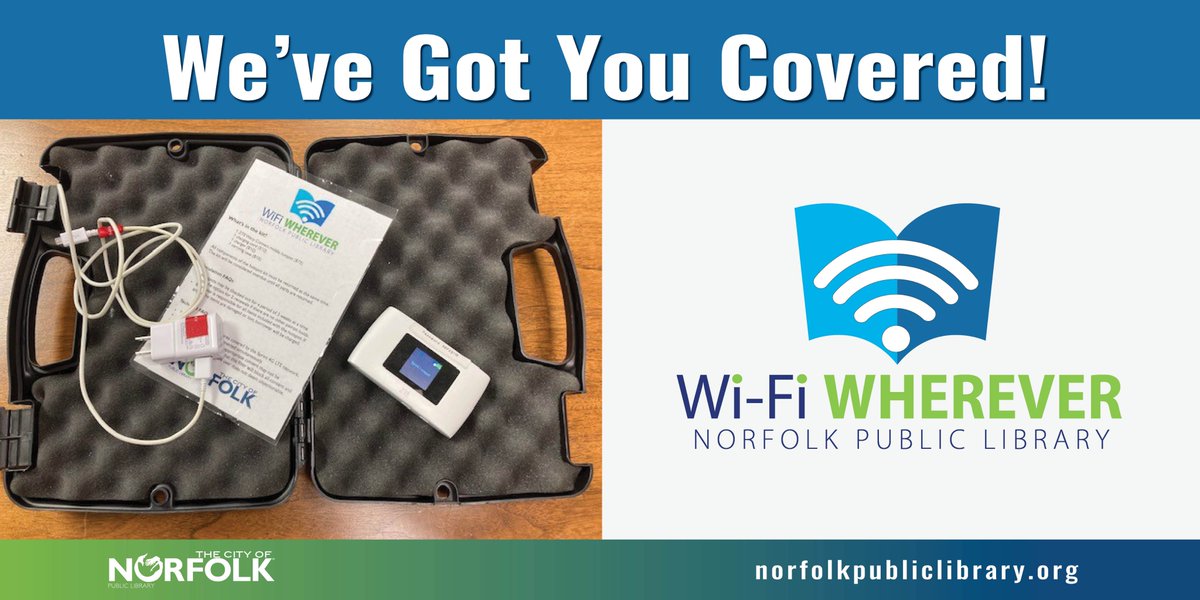 Borrow mobile Wi-Fi hotspots #FREE with your Norfolk Public Library card for up to 3 weeks. Hotspots connect to 10 devices. Reserve here: bit.ly/wifiwherever, and pick up at your Grab-n-Go branch of choice.

#wifi #internet #technology #itsmynpl #bhfyp