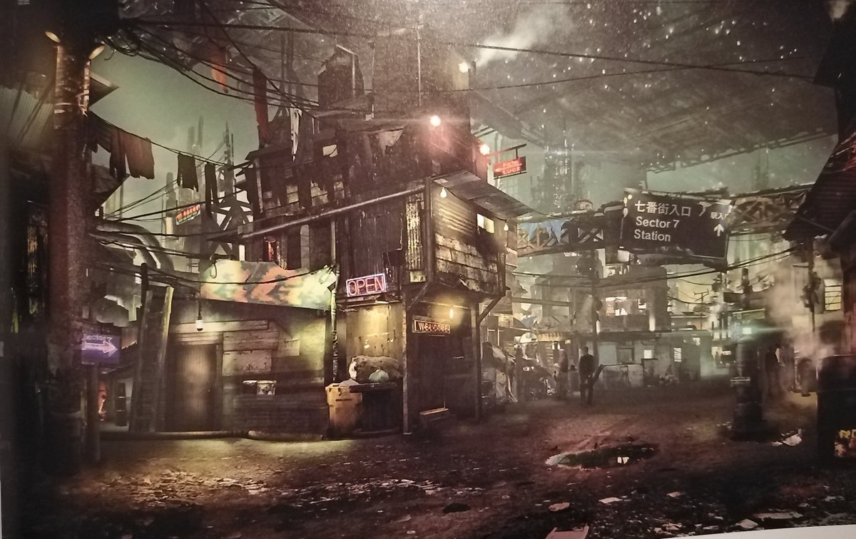 This concept art for sector 7 is how the team envisioned the area. The comment echoes the portal interview from Toriyama that the bgm is the main theme to evoke a sense of coming home.