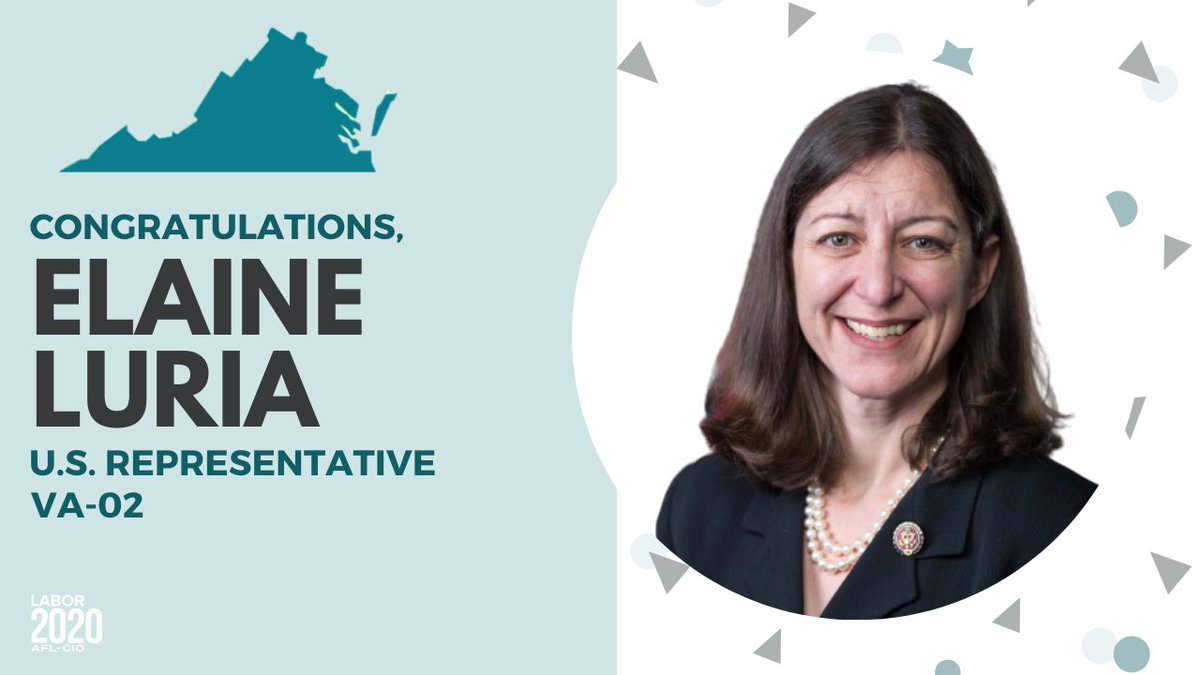 Virginia_AFLCIO's tweet photo. Congratulations @ElaineLuriaVA on your re-election ! Working families of Virginia and all of our union members are glad to have a pro-worker Congresswoman fighting for us and our rights! #Labor2020 #1u #unionstrong #VaElections2020 https://t.co/vU1CcVw51n