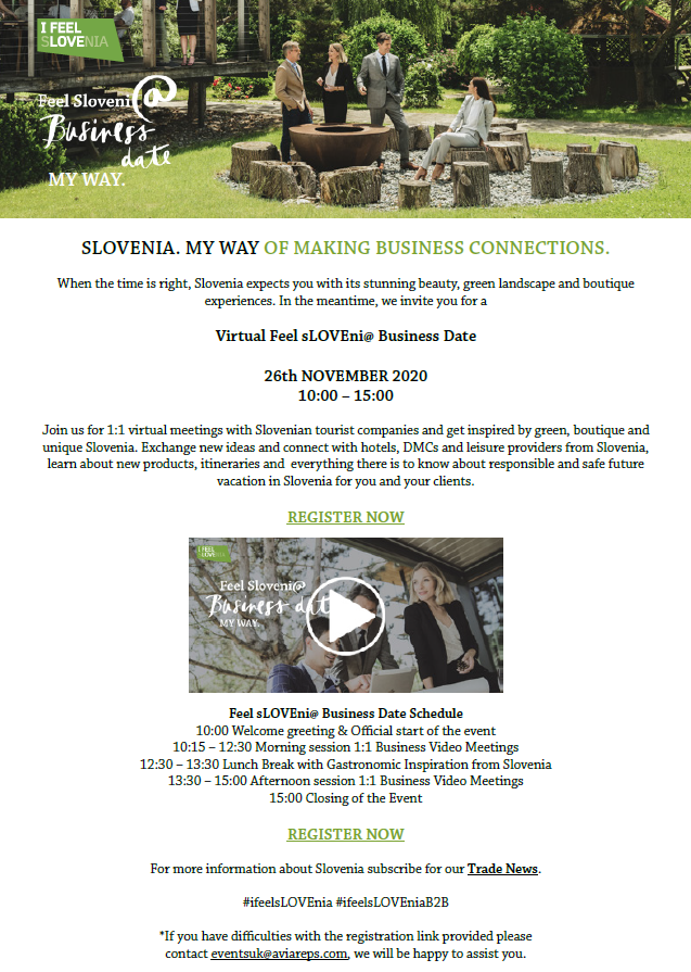 AVIAREPSUK's tweet photo. Slovenia is excited to invite you on a date. Not any date, but a Business Date where you’ll be able to have 1:1 virtual meetings with Slovenian tourist companies and experience unique Slovenia. 

Found out more and register here: https://t.co/NnCflebywQ https://t.co/sY8Hzs4uHm
