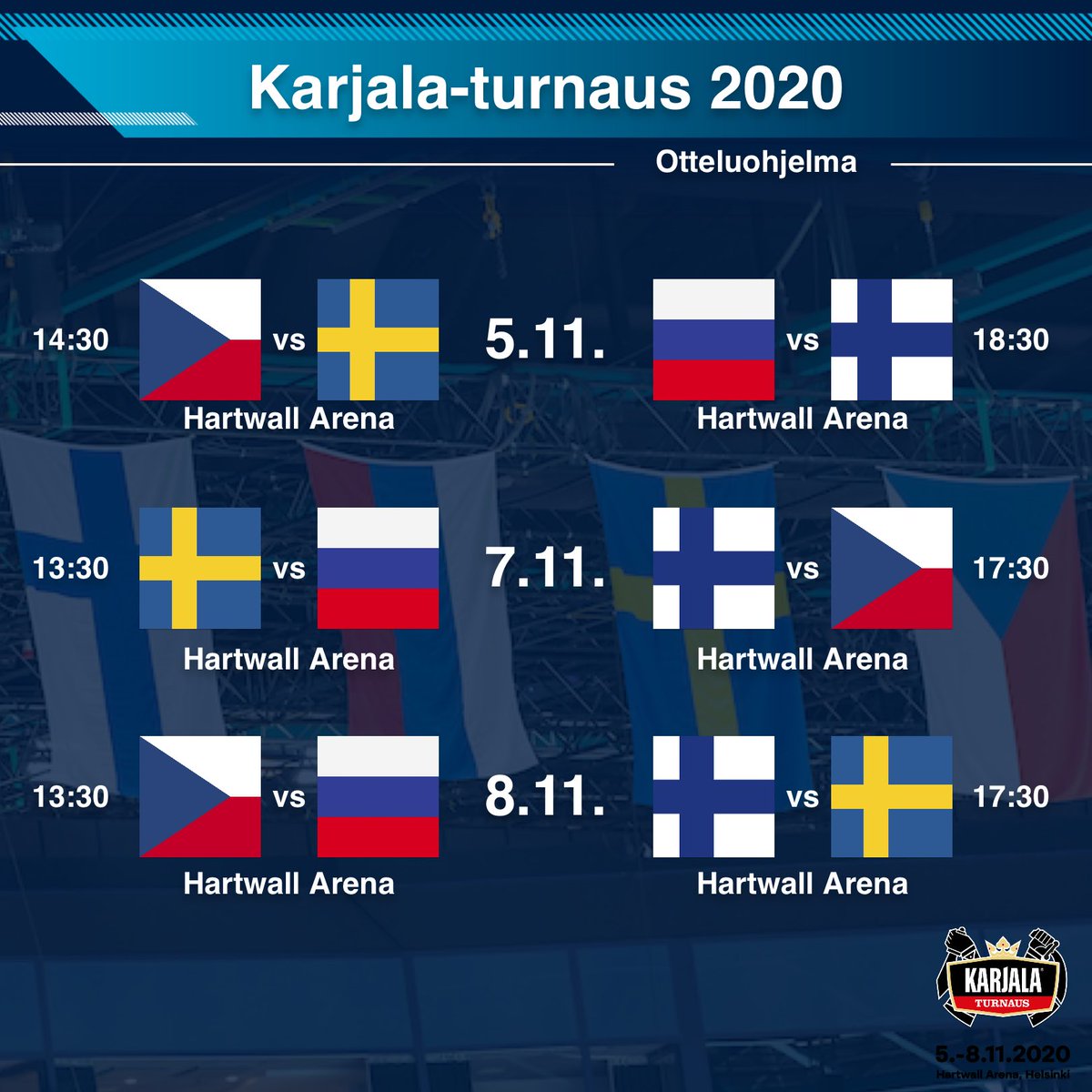 leijonat's tweet photo. Karjala-turnaus alkaa huomenna! 💪🏼 Tässä turnauksen otteluohjelma. Suomi kohtaa Venäjän kello 18.30. Sitä ennen iltapäiväottelussa Tshekki saa vastaansa Ruotsin. 

#Leijonat #karjalaturnaus #EHT #ticketmasterfi #tvviisi #dplayfi https://t.co/CMJ8yT6WrR