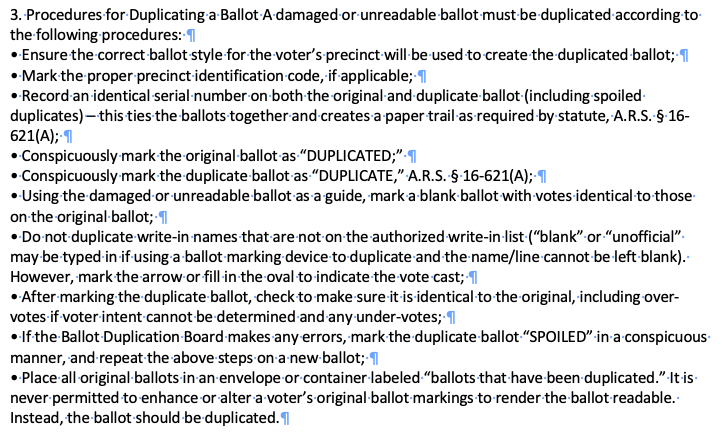 If it does bleed through, the ballot will most likely get sent for duplication so it can be read by the scanner. The image is the text from the  @SecretaryHobbs Elections Manual, Chapter 10, Section D, subsection 3. 2/3 https://azsos.gov/sites/default/files/2019_ELECTIONS_PROCEDURES_MANUAL_APPROVED.pdf