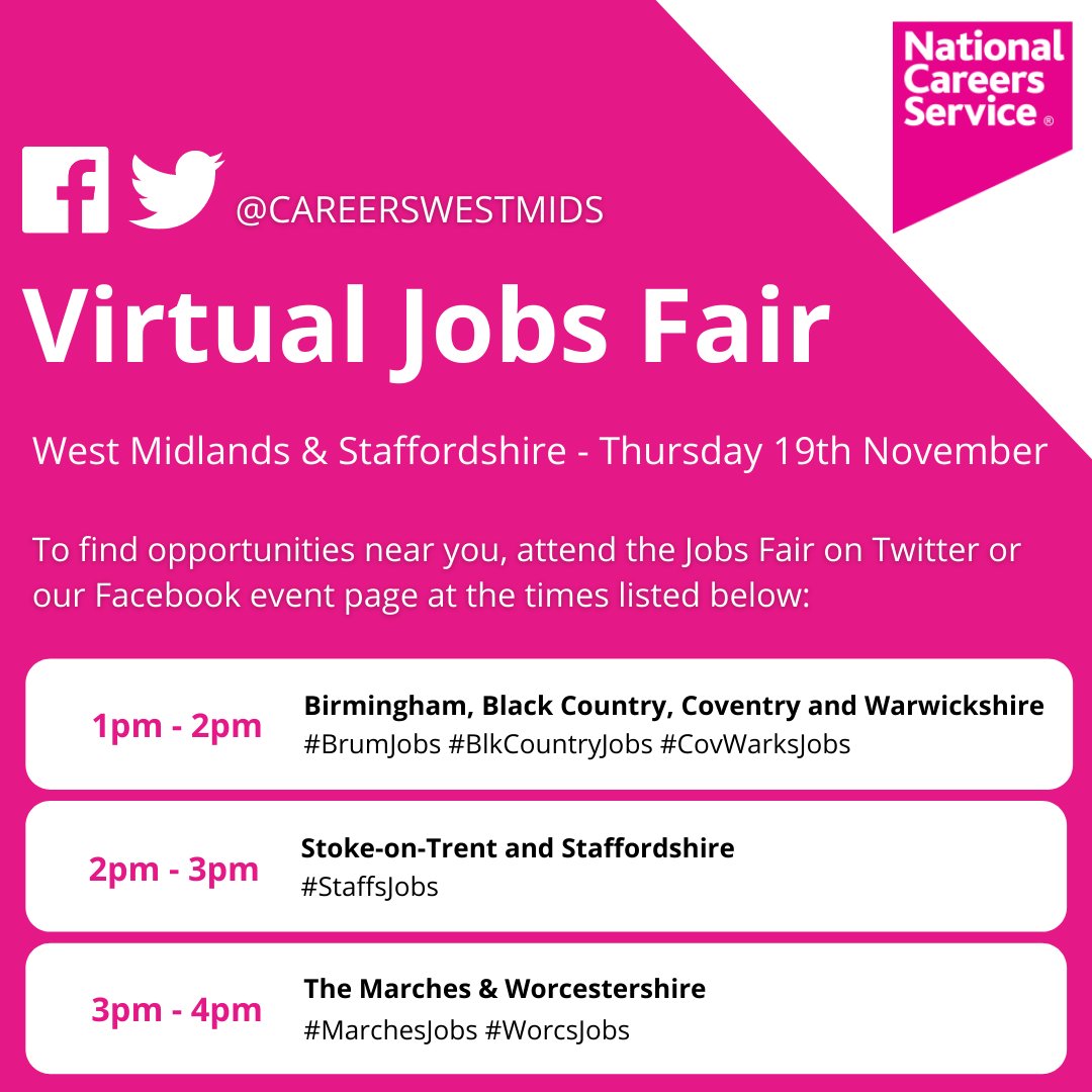 Do you need help to find a new job in the #WestMidlands and #Staffordshire region? Come to our Virtual Jobs Fair on Thursday 19th November. From 1pm – 4pm we will be sharing job opportunities near you. Join in using #JobsHour #WestMidlandsJobs #StaffsJobs 

<a href="/BhamCityCouncil/">Birmingham City Council</a>