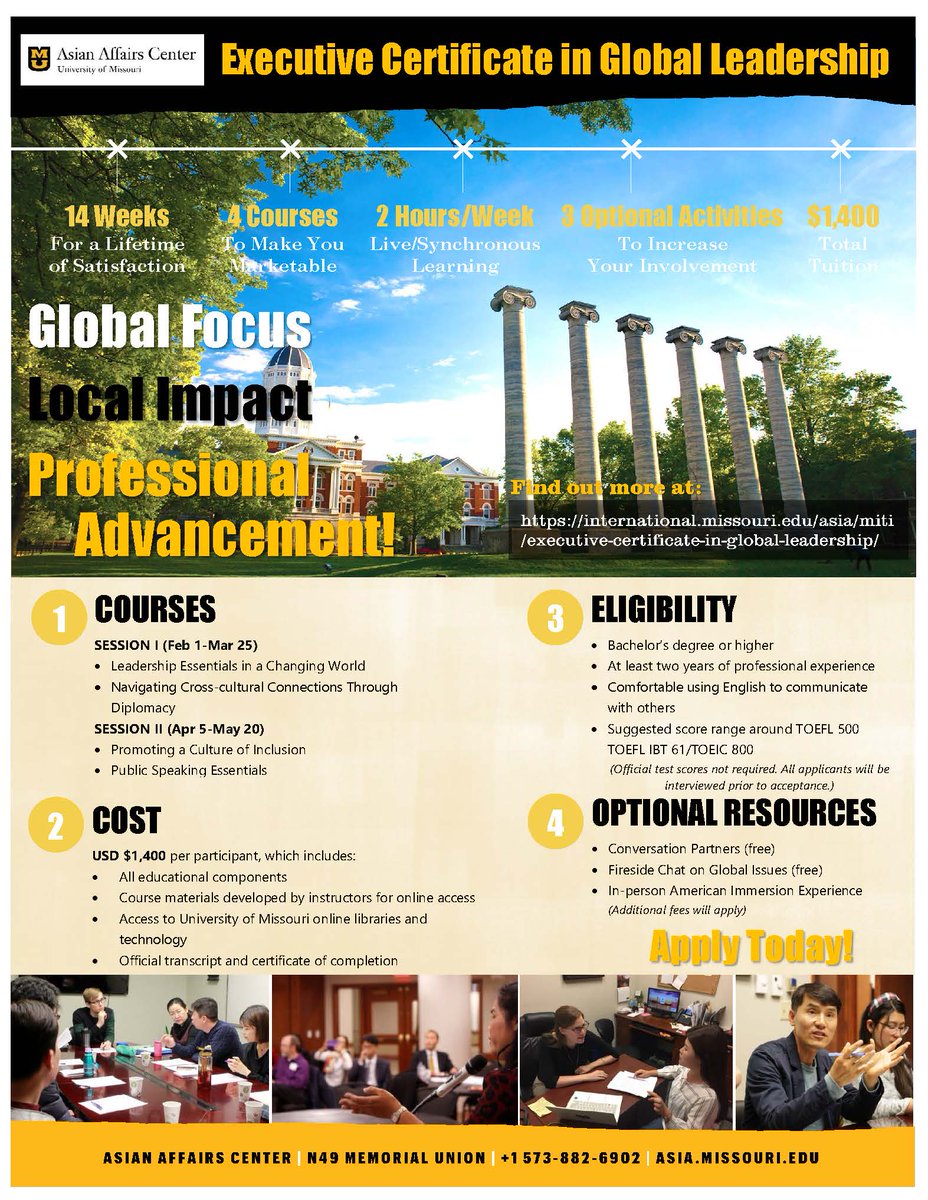 Executive Certificate in Global Leadership for professionals in China, Japan, Mongolia, South Korea, Thailand, and Vietnam

Please feel free to contact Ms. Lesley Sapp at sapplj@missouri.edu for any questions. 

international.missouri.edu/asia/miti/exec…

#AsianAffairsCenter #Mizzou #Mongolia