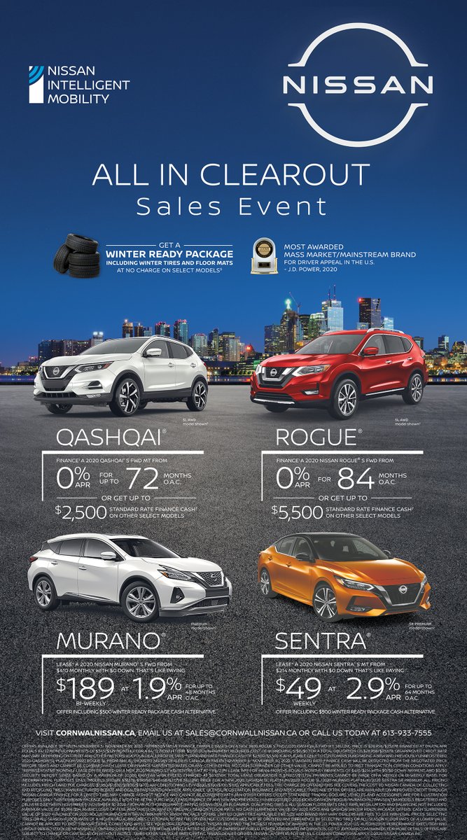 CornwallNissan's tweet photo. CORNWALL #NISSAN NOV 3 - 30 #ALLINCLEAROUT
#SalesEvent #NISSANINTELLIGENTMOBILITY GET A WINTER READY PKG INC #WINTER TIRES &amp; FLOOR MATS NO CHARGE ON SEL MODS* #QASHQAI #ROGUE #MURANO #SENTRA *See #CornwallNISSAN for details. Offer may change #NissanMotor https://t.co/i9mnfNmbOW https://t.co/IMuhI0G6Xq