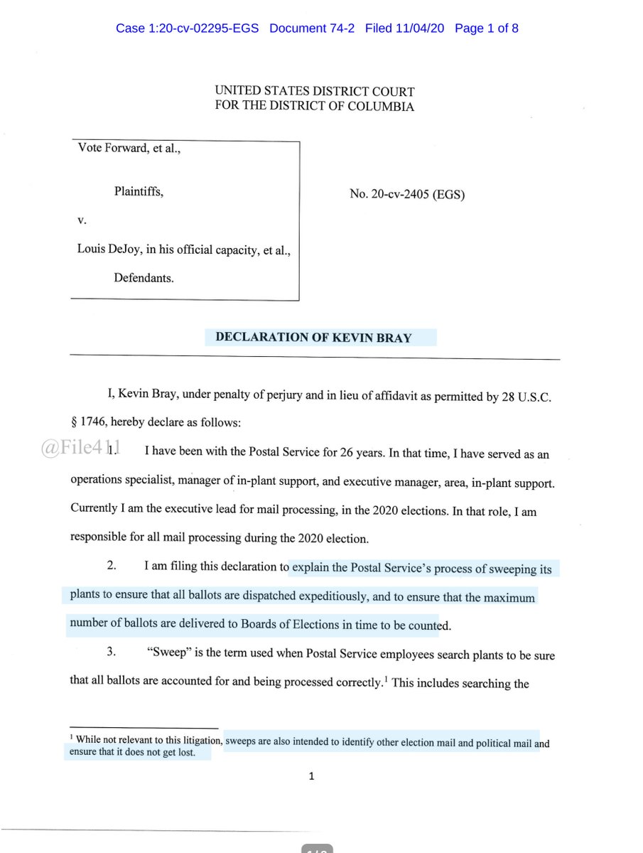 Declaration Bray - the problem is trusting “Headquarters“ and that means trusting Louis Dejoy(less) which I do not  https://ecf.dcd.uscourts.gov/doc1/04518147290