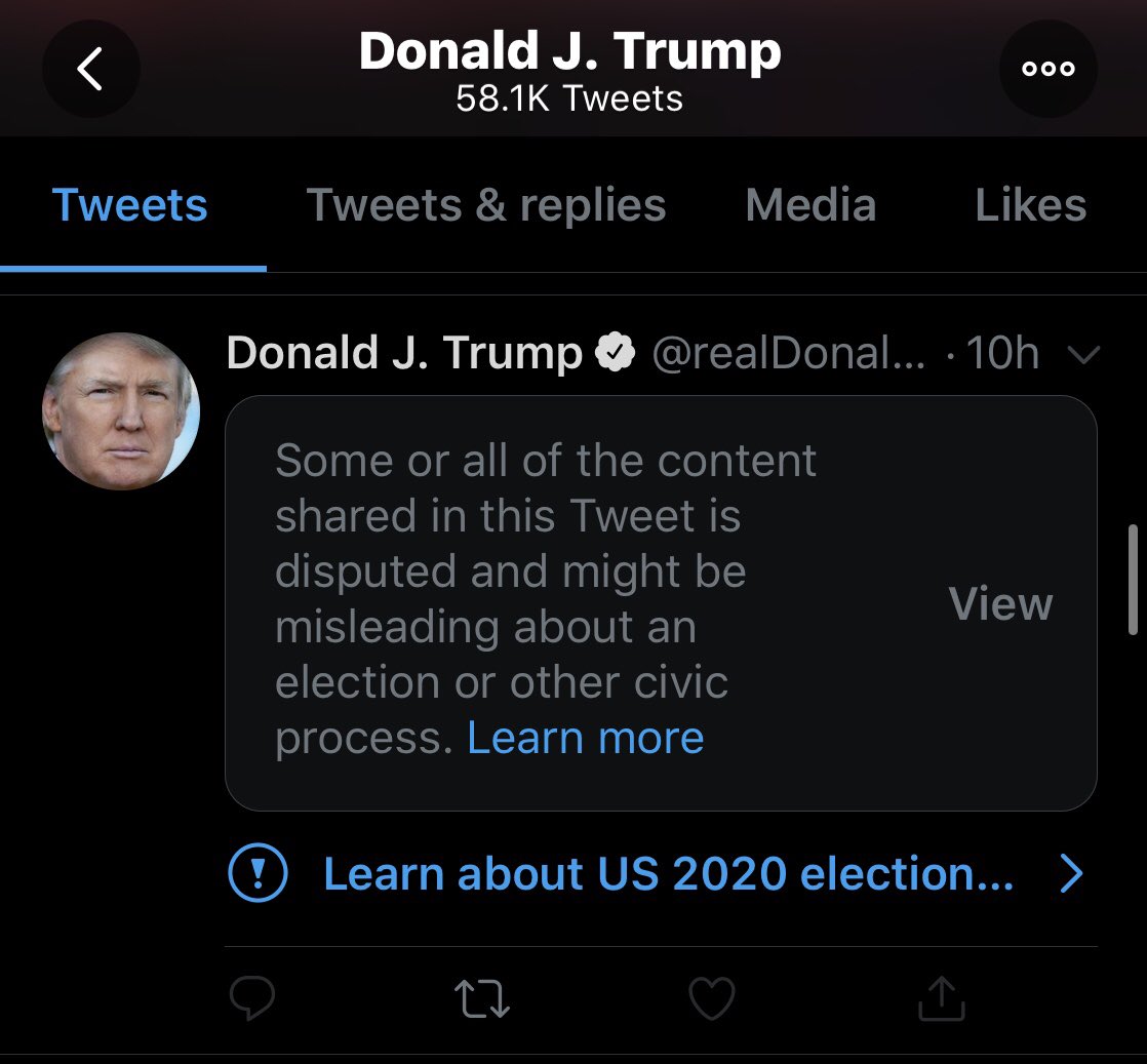 Our President is speaking to us during the most important election of our lives... and Twitter decides it isn’t anything we need to hear. 4 Times in the past 24 hours! #Section230