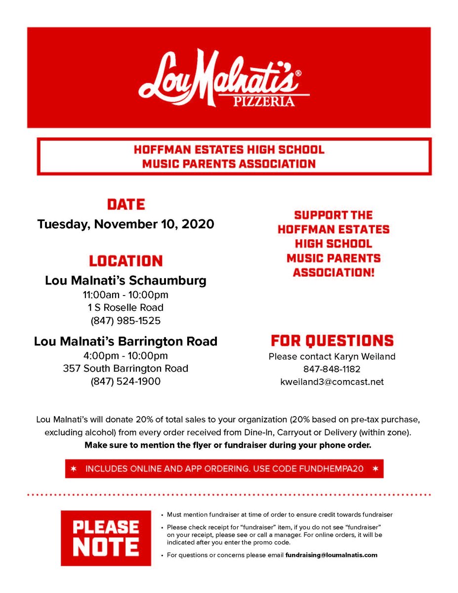HMPA211's tweet photo. HMPA fundraiser at Lou Malnati's! Support Hoffman music programs with a night off from cooking! Tuesday, November 10th https://t.co/6sKDwVdWhV
