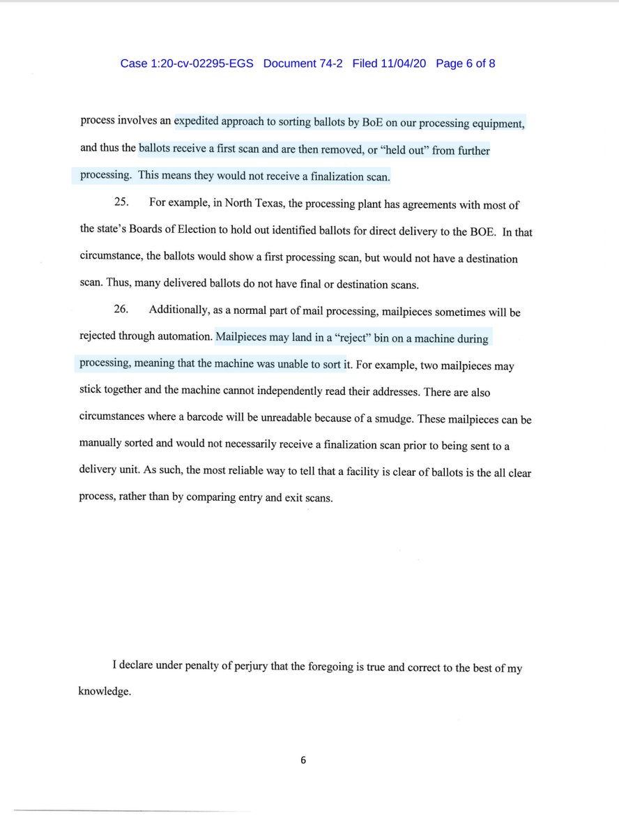 Here I uploaded Bray’s declaration to a public drive but the lack of confirmation for Houston Sorting center is deeply problematic because imagine that it’s Harris County.  https://drive.google.com/file/d/1YyisxEKIrwKFsGOsO193Y947uoqZ7NU3/view?usp=drivesdkor you can pay for it  https://ecf.dcd.uscourts.gov/doc1/04518147290Noon hearing starting soonish