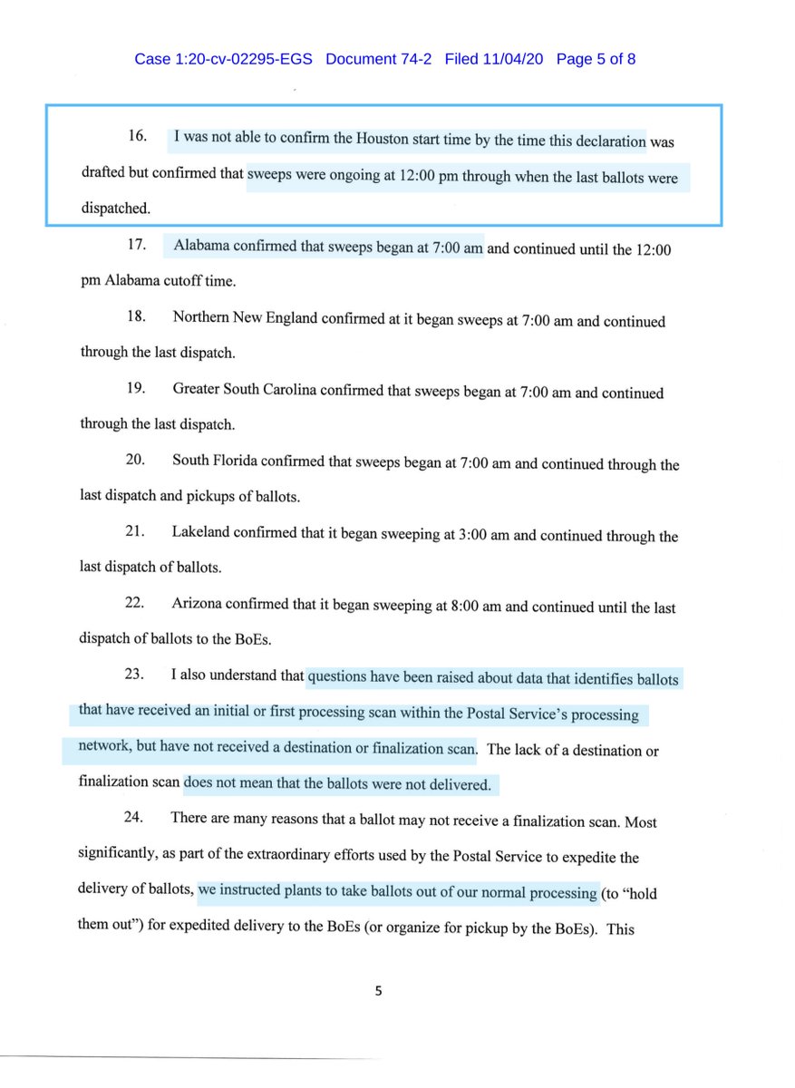 Here I uploaded Bray’s declaration to a public drive but the lack of confirmation for Houston Sorting center is deeply problematic because imagine that it’s Harris County.  https://drive.google.com/file/d/1YyisxEKIrwKFsGOsO193Y947uoqZ7NU3/view?usp=drivesdkor you can pay for it  https://ecf.dcd.uscourts.gov/doc1/04518147290Noon hearing starting soonish
