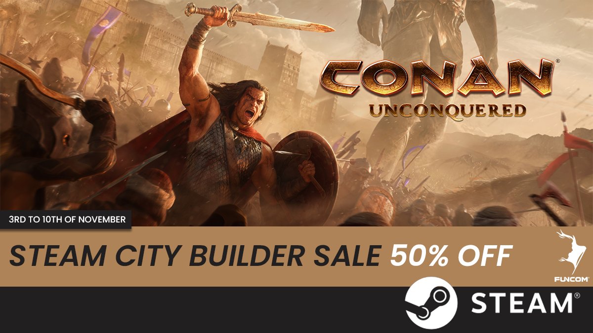ConanUnconquerd's tweet photo. Build your cities and protect them from hordes of incoming enemies either on your own or enlist a friend to help!

You can get Conan Unconquered for 50% off during the Steam City Builder Sales which lasts until the 10th of November. 

⚔️  https://t.co/SHvBosOtYP https://t.co/WrJQsCwIhk