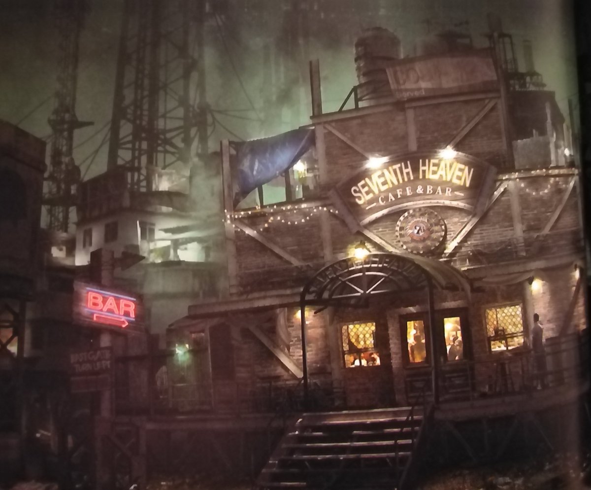 7th Heaven is designed in a western style, like Tifa's teenage costume, but the team couldn't include swing doors because of the need to hide Avalanche's activities from the public.