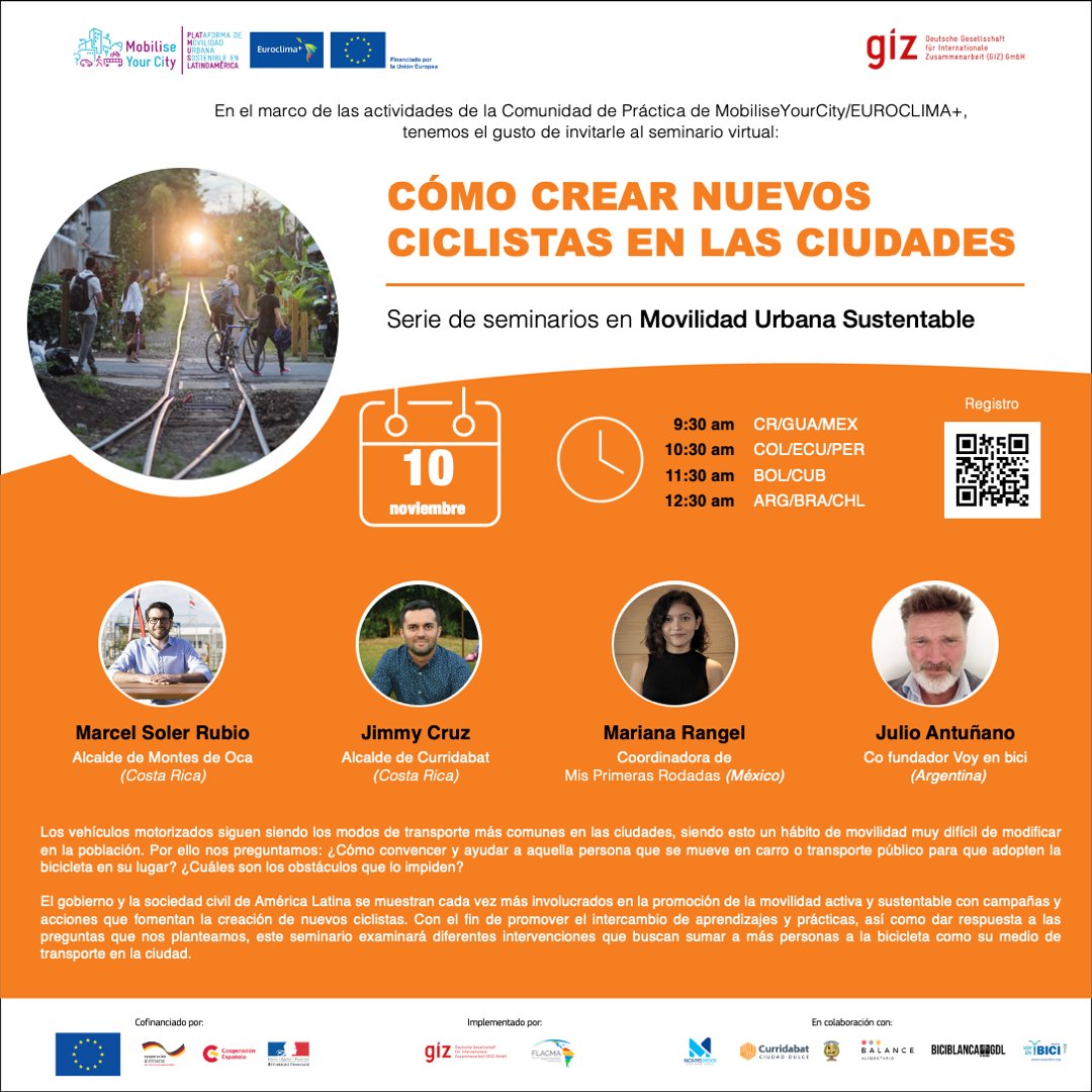 MobiliseCityLAT's tweet photo. 📢 ¡ATENCIÓN! ‼
Te invitamos al evento virtual “Cómo crear nuevos ciclistas en las ciudades”. ¡Intercambiamos aprendizajes por la #MovilidadSostenible en #Latinoamérica! 🚲🚲🌎

🗓 10 noviembre
🕒 9:30 (CST)

Registro 👉 https://t.co/cPLxNFTAI7
#EUROCLIMAplusMovilidad https://t.co/HccFtOxaBu