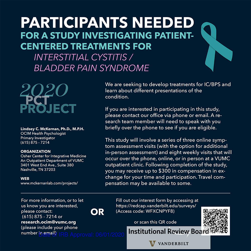 themckernanlab's tweet photo. Hello! If you live in Tennessee or Kentucky and have IC/BPS, you may qualify for our research study. To learn more, reach out to us via phone, email, or DM, or fill out our interest form by scanning the QR code in this picture! #interstitialcystitis #bladdersmatter #research https://t.co/SPsXSgvzIz