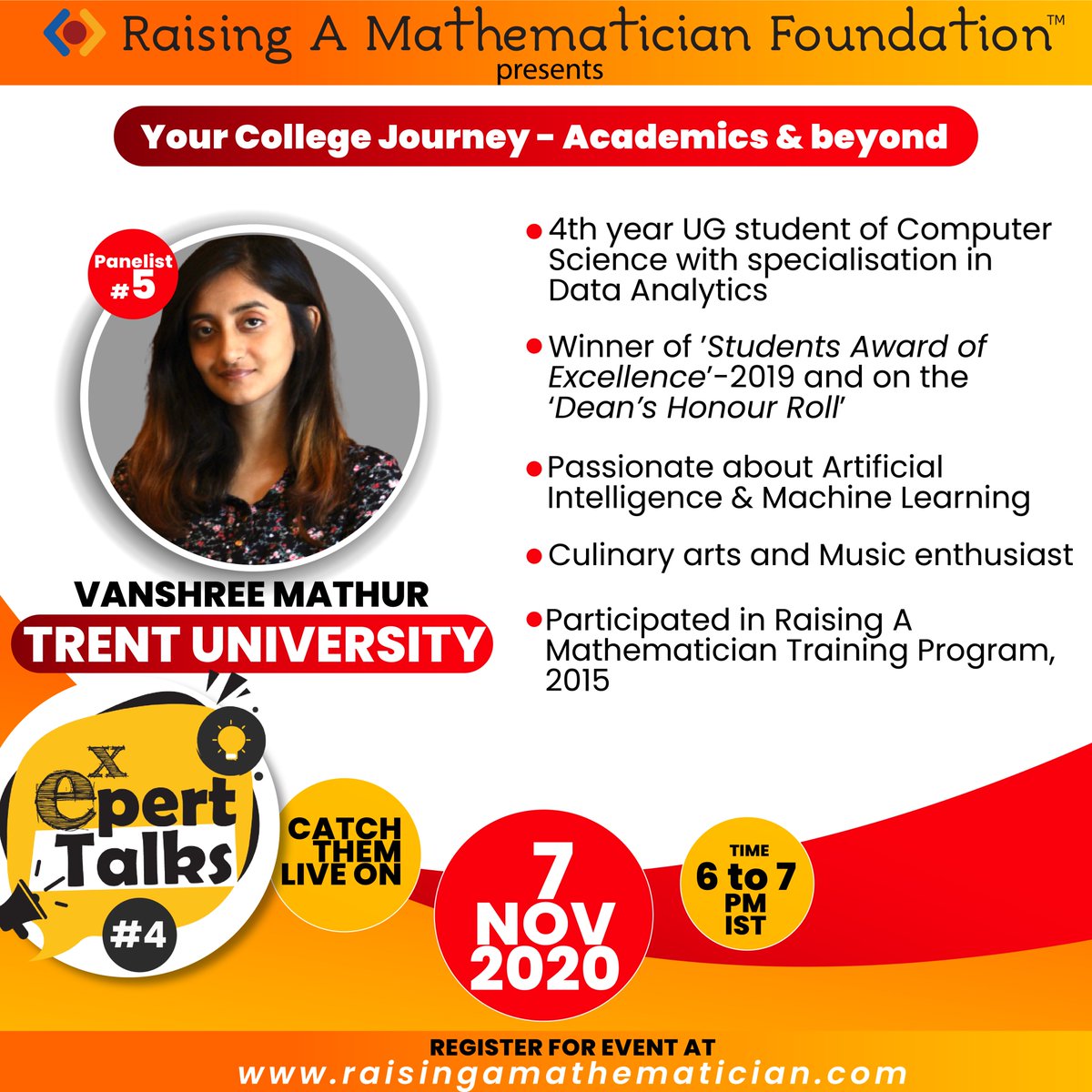 raisingamath's tweet image. Presenting our penultimate panelist for

Expert Talks #4
Your College Journey - Academics and beyond

Register soon at: bit.ly/epowerx
#ExpertTalks
#Epowerx 
#RaisingAMathematician 
#RAMFounation
@IMScChennai 
@tifrarnab
@TIFRScience
@HBCSE_TIFR
