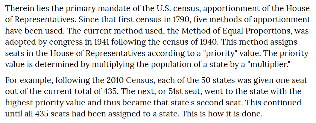 How the Electoral College's 538 votes are distributed: - 100 (2 each to 50 states) based on Senate seats- 3 to Washington, D.C. because of the 23rd Amendment- 435 divided up among the states using census results and the "Method of Equal Proportions" https://www.census.gov/topics/public-sector/congressional-apportionment/about/computing.html