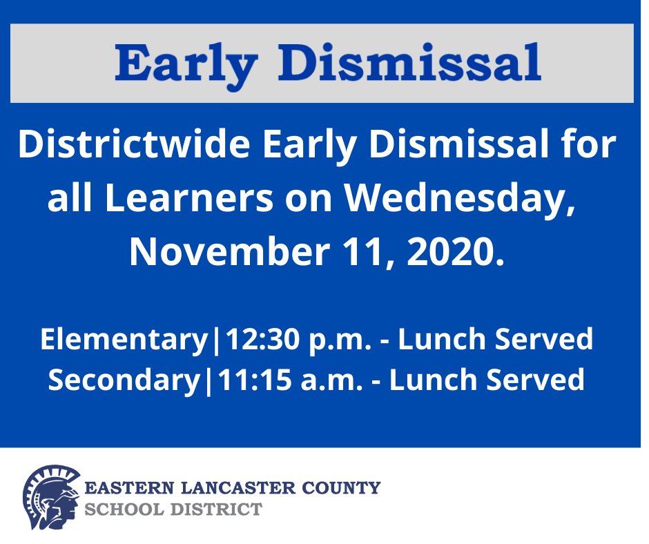 ElancoElem's tweet photo. Reminder! Districtwide Early Dismissal for All Learners Next Week, Wednesday November 11th!  Please Note: Secondary learners should have received an email to sign up to receive lunch.  They will need to sign up by the end of today, Wednesday, November 4th. https://t.co/q4rupur8zZ