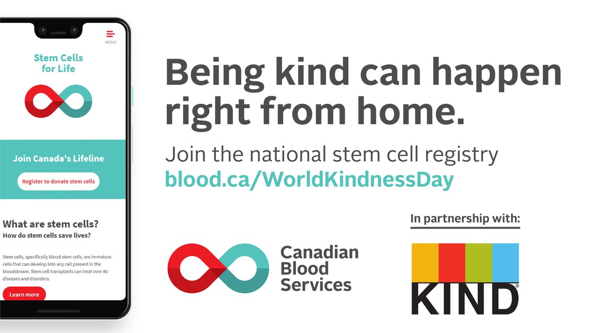 CanadasLifeline's tweet photo. Joining the Canadian Blood Services Stem Cell Registry is one of the kindest things you can do in celebration of #WorldKindnessDay.
If you are 17 to 35 years old, join the stem cell registry today at https://t.co/UXZWFileCI
#StemCellsForLife #SnackKIND https://t.co/SDo4tWVIdg