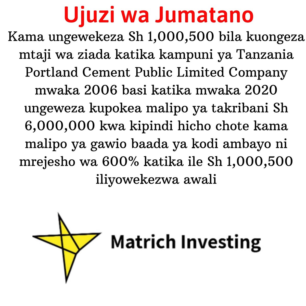 MatrichInvesti1's tweet photo. #hisa #hatifungani #mrejesho #utajiri #billionea #wawekezaji #wekeza #biashara #thamani #bei #utajiri #malengo #malipo #gawio #riba #mapato #tanzania🇹🇿 #millionea #uvumilivu #kiwango https://t.co/yyFUsLNR3V