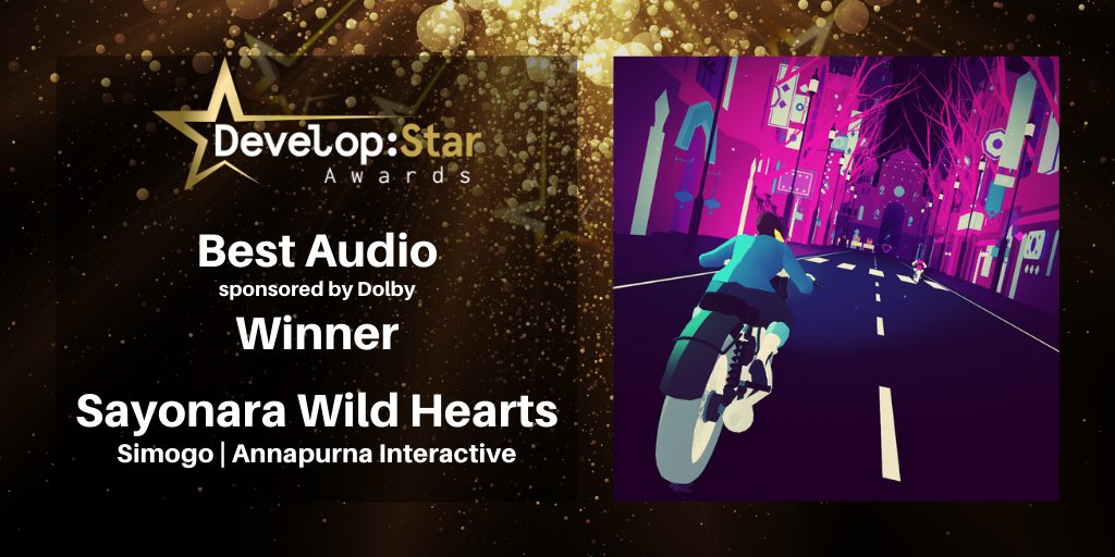 Sponsored by @Dolby, the Develop:Star Awards Best Audio winner is Sayonara Wild Hearts! Congratulations to @simogo and @A_i #DevelopStars
