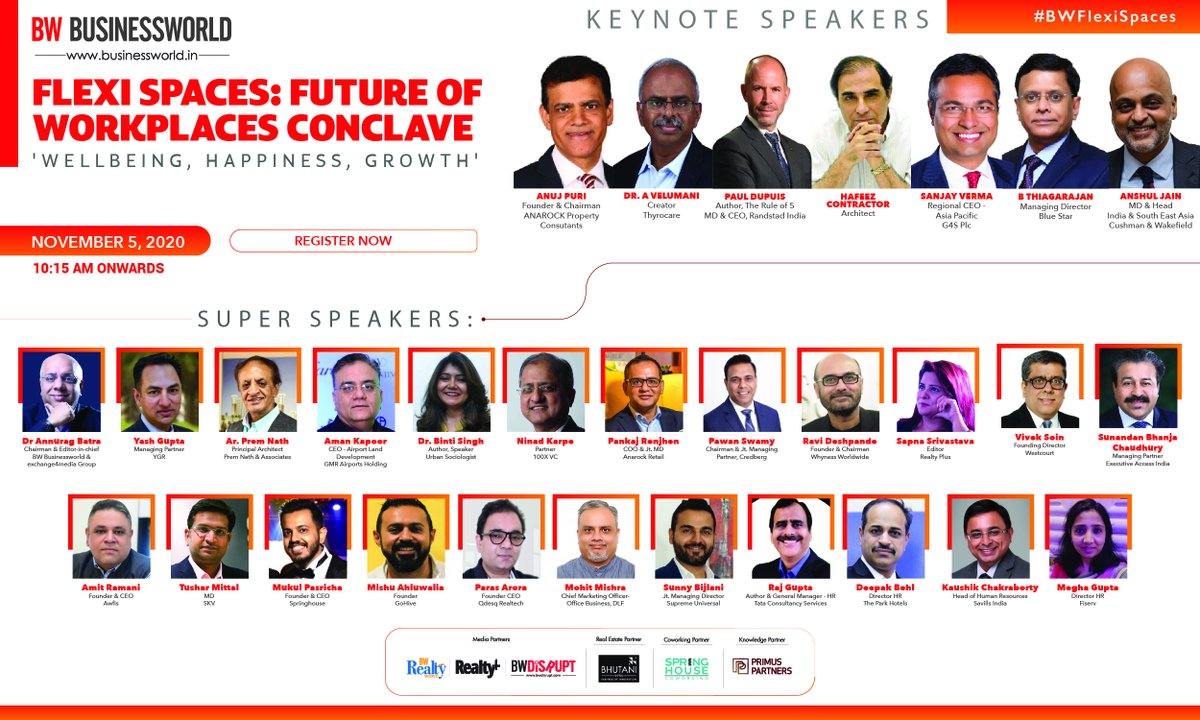 BWBusinessworld's tweet image. Tomorrow- BW Businessworld Flexi Spaces : Future of Workplaces Conclave. Watch the doyens of Real Estate Industry share their POV on #FutureOfWorkplaces 

Tomorrow | 10:15-6:30 PM. 

To Attend, Register On : bit.ly/BWFWCNOV5

#BWFlexiSpaces

@anuragbatrayo | @BwDisrupt