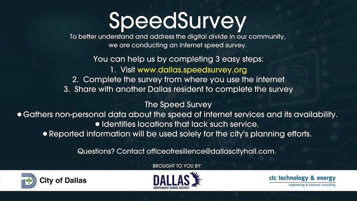 ResilientDAL's tweet photo. We need your input! @CityofDallas and @DallasSchools are exploring ways to improve internet service. Visit https://t.co/2G0XHrOsCH to take the survey using your home internet connection. For questions, contact officeofresilience@dallacsityhall.com. https://t.co/rcQXIa0f2O