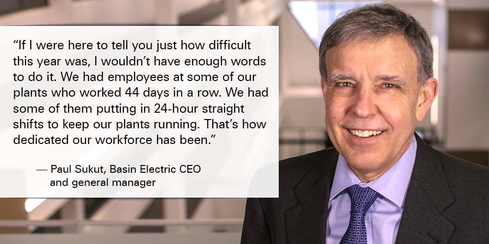 Basin_Electric's tweet photo. Paul Sukut, Basin Electric CEO and GM: "We had employees at some of our plants who worked 44 days in a row. We had some of them putting in 24-hour straight shifts to keep our plants running. That's how dedicated our workforce has been." #Basin2020 #CoopsPowerUs #PowerOn https://t.co/bu2yvIYMEo