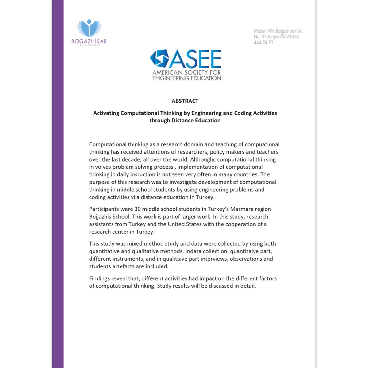 PROJEMİZLE HAZİRAN AYINDA AMERİKA'DA ASEE KONFERANSINDAYIZ.