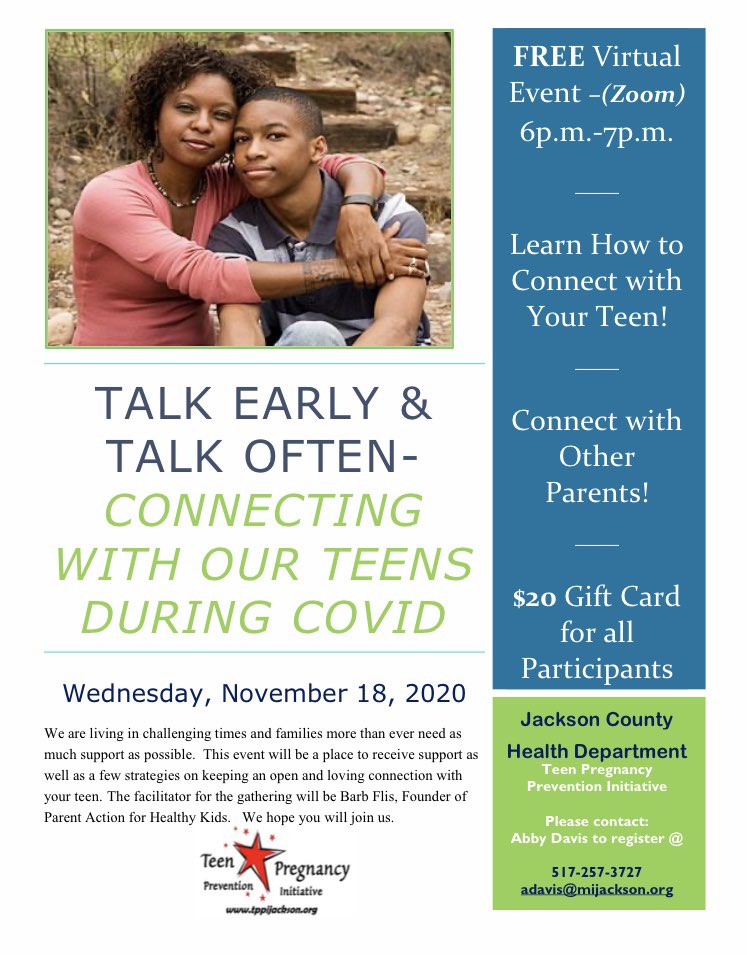 TPPIJackson's tweet image. Talk Early &amp;amp; Talk Often -- Connecting with our teens during Covid!

The facilitator for the gathering will be Barb Flis, Founder of @ParentAction . We hope you will join us.