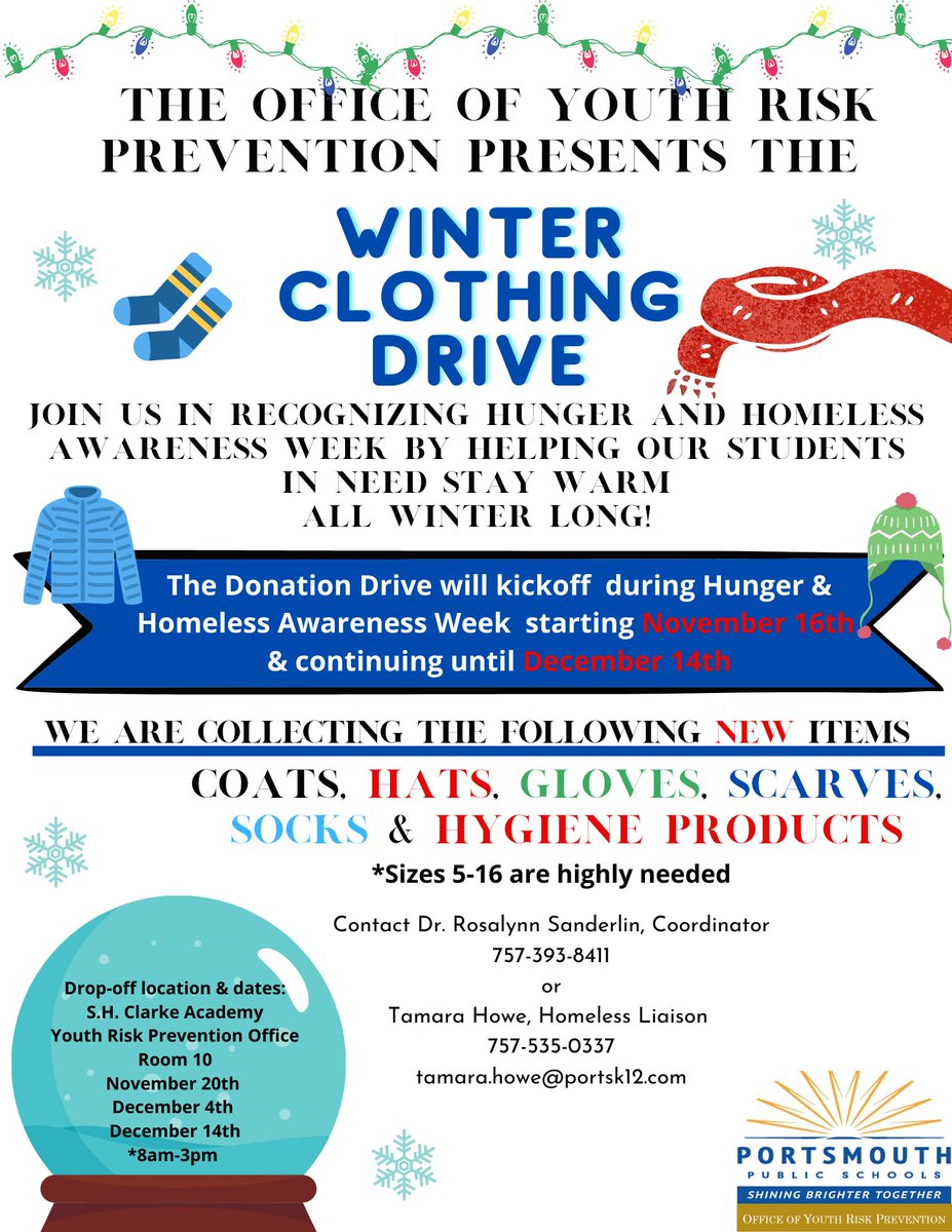 TamaraFrye_Howe's tweet image. Please join the Office of Youth Risk Prevention as we host a winter clothing donation drive for our students in need! #PPSShines #HungerAndHomelessAwarenessWeek @Sand120513 @driddick73 @CeeColeman3 @JJones_PPS @Twi_Harper @BarnerTory