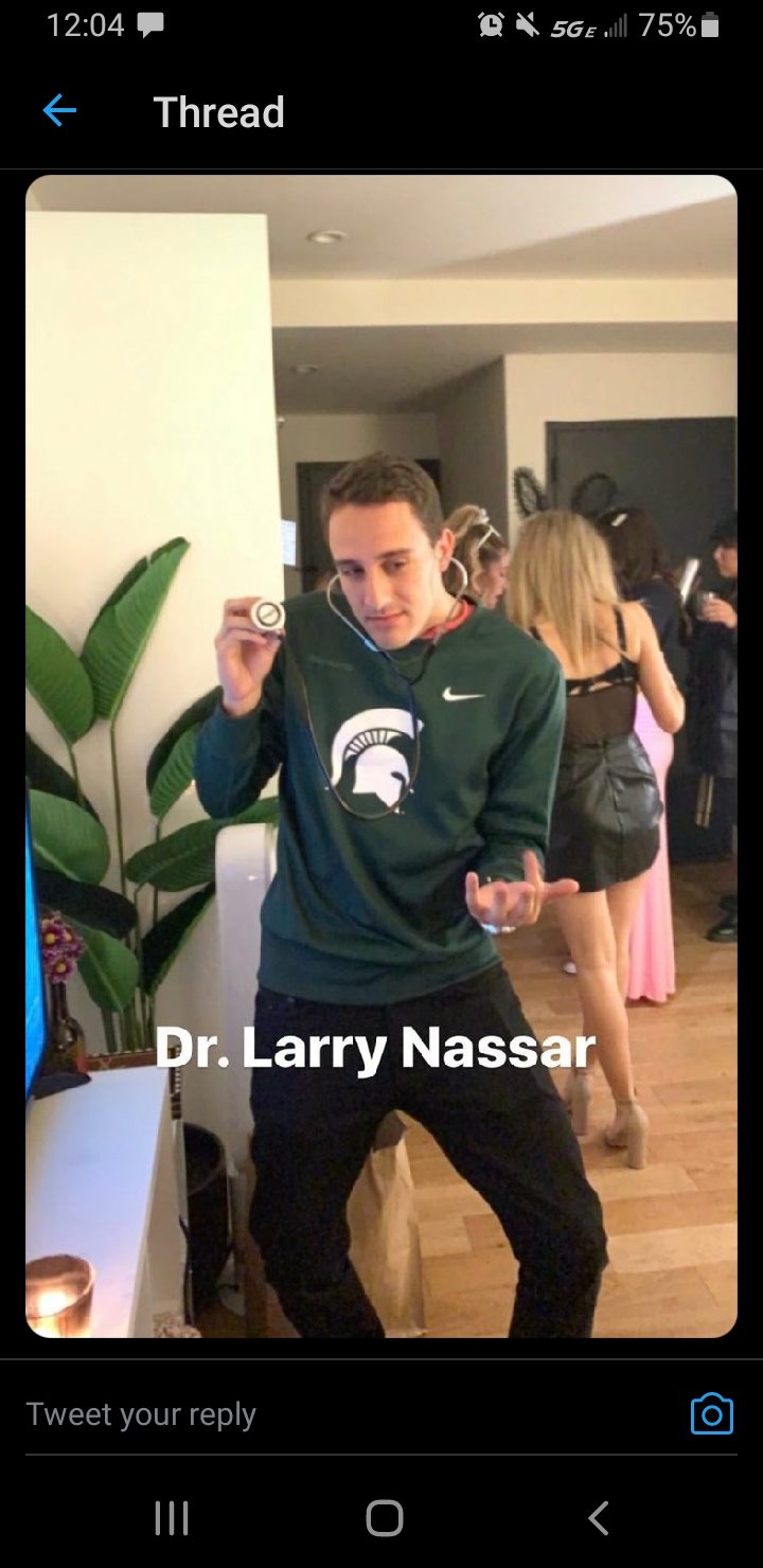Rachael Denhollander On Twitter And Last Week A Larry Nassar Costume From A Halloween Party Made Its Rounds On Social Media With The Party Goer Posing With His Left Hand Doing Treatment Https T Co Utjvu1xmtr