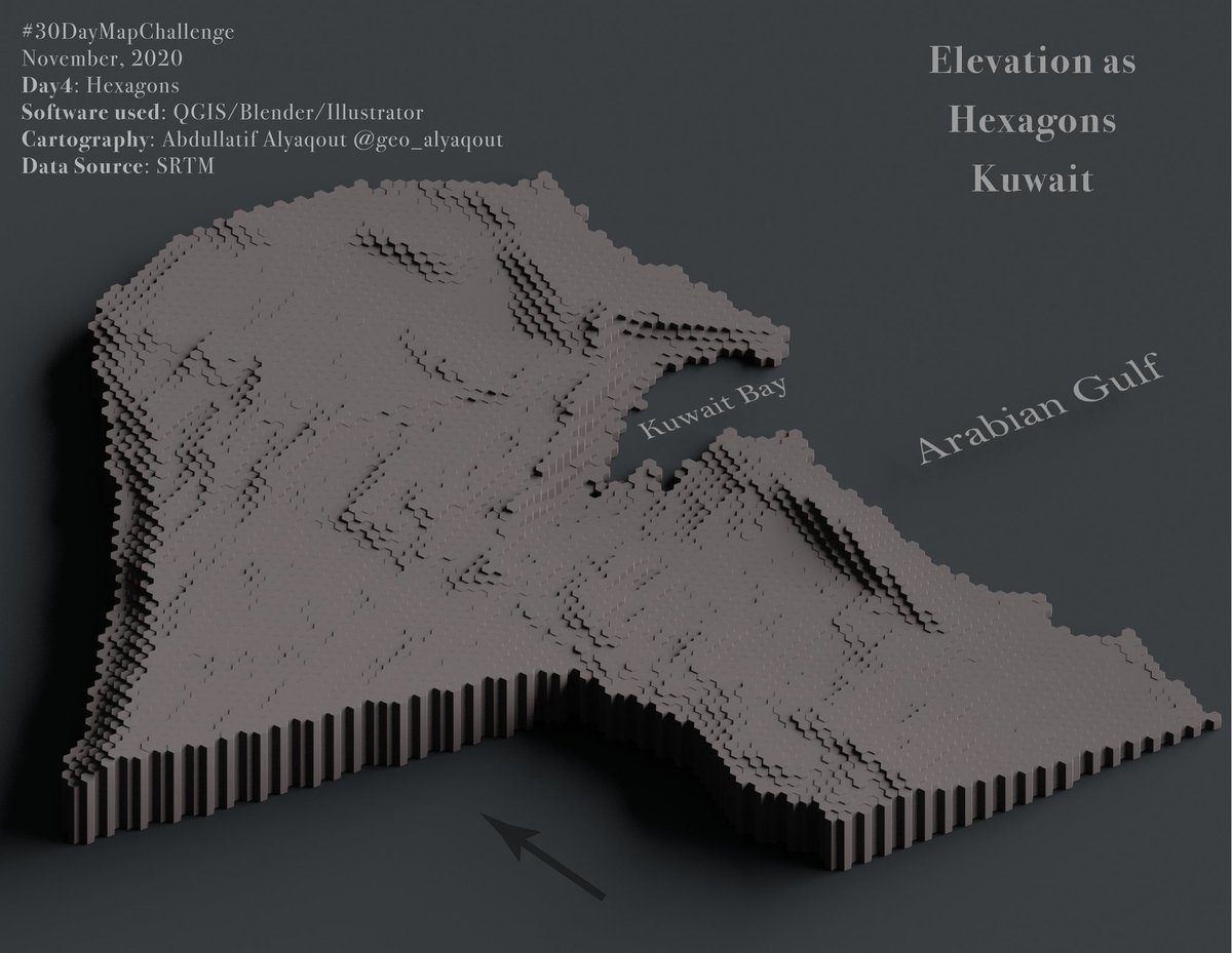geo_alyaqout's tweet image. #30DayMapChallenge
Day4: Hexagons

Title: Elevation as Hexagons, Kuwait

The data used are from #SRTM

I used @qgis, @Blender, and @Illustrator

I created hex grids, then applied zonal statistics to get the mean

Rendered in @blender 

#cartography #geography #gis #kuwait #b3d