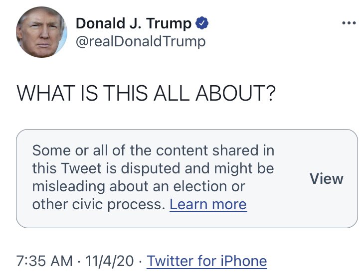 HalfOnionInABag's tweet photo. Totally normal that every other tweet by the President of the United States the week of the election has a false information warning attached to it. https://t.co/aGaaO6mfxG