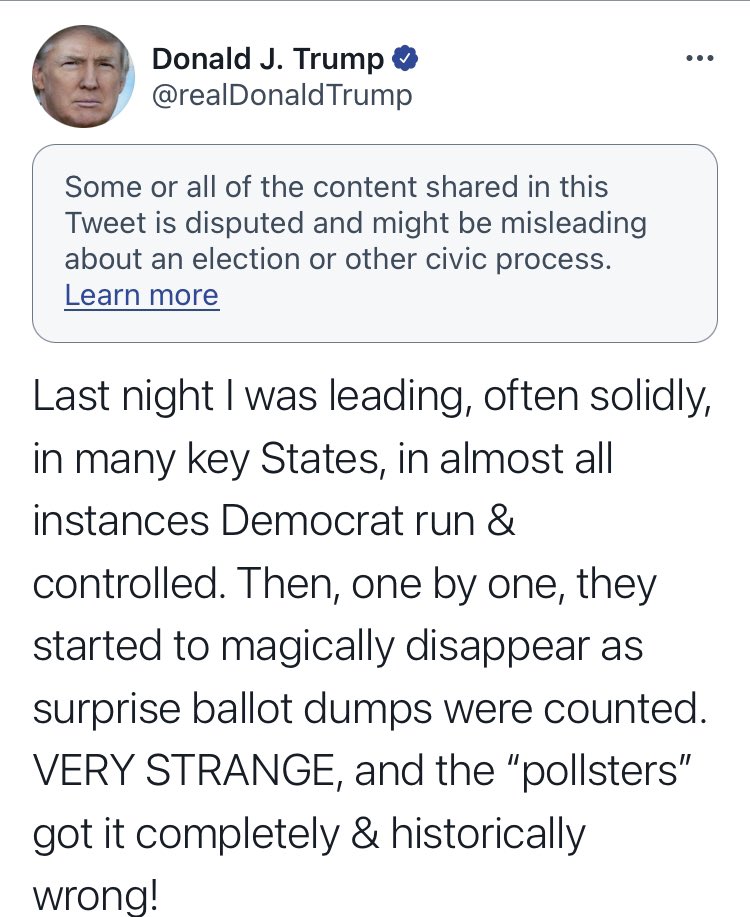 HalfOnionInABag's tweet photo. Totally normal that every other tweet by the President of the United States the week of the election has a false information warning attached to it. https://t.co/aGaaO6mfxG