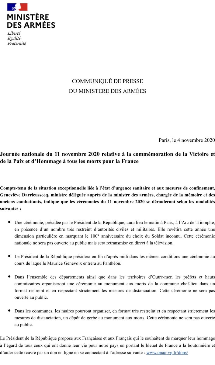 Ministere Des Armees La Ceremonie Du 11novembre Presidee Par Emmanuelmacron Sera Retransmise En Direct A La Television Les Ceremonies S Organiseront En Format Restreint En Respectant Les Mesures De