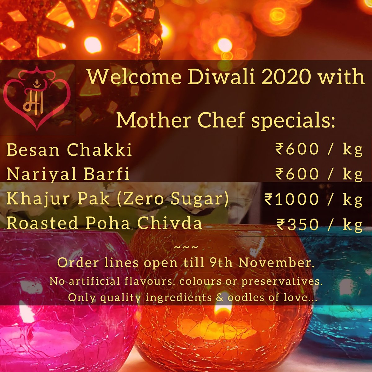 MotherChef_Maa's tweet photo. Welcome Diwali 2020 with #MotherChef's specials 🤩

DM for orders 💌
https://t.co/va2F0dXYto
#Diwali #mithai #indiansweets #indianmithai #BesanChakki #NariyalBarfi #KhajurPak #DiwaliGifting #DiwaliSweets #diwalipreparations #nosugar #noartificialflavors #noartificialcolors https://t.co/R4NQTXFSt2