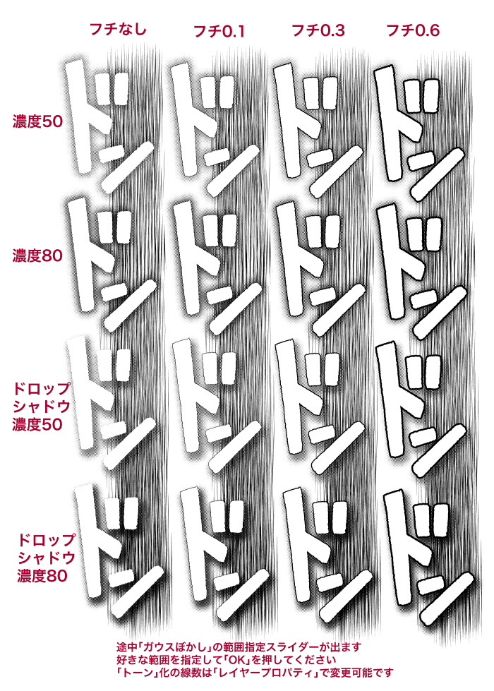 書き文字がアレンジできるオートアクションは、あれから山程作ってしまったので? 近日中にASSETSにアップしたいと思っています #CLIPSTUDIO 
基本的にどれもワンアクションで、レイヤー一枚で完結する結果になります 