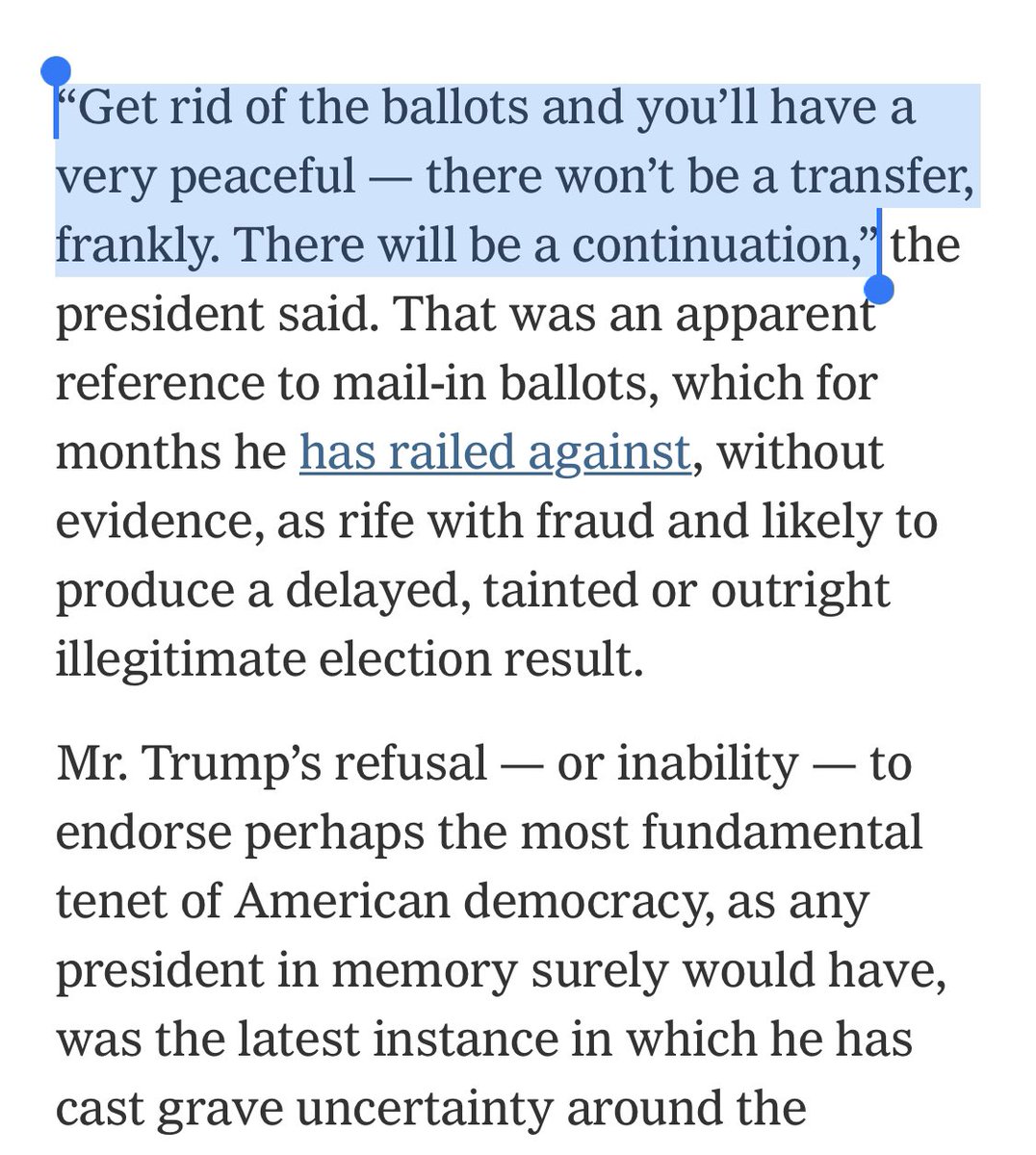 That was a pretty startling thing, right? Major red flags!Know where NYT covered the story the next day?  https://www.nytimes.com/2020/09/23/us/politics/trump-power-transfer-2020-election.htmlPAGE 15