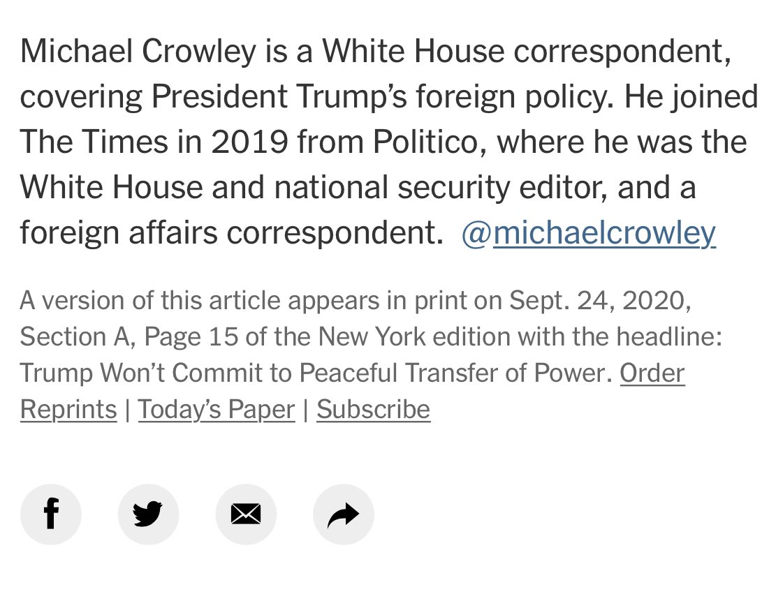 That was a pretty startling thing, right? Major red flags!Know where NYT covered the story the next day?  https://www.nytimes.com/2020/09/23/us/politics/trump-power-transfer-2020-election.htmlPAGE 15