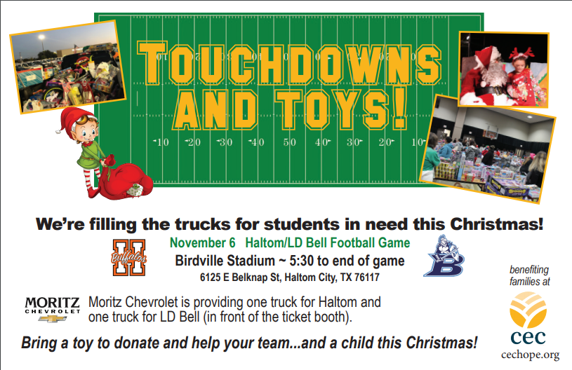HEBChamber's tweet photo. Touchdowns and Toys!

Bring a toy to donate and help your team ... and a child this Christmas!

November 6 Haltom/LD Bell Football Game
Birdville Stadium - 5:30 to the end of the game https://t.co/l3qt6PE8xv