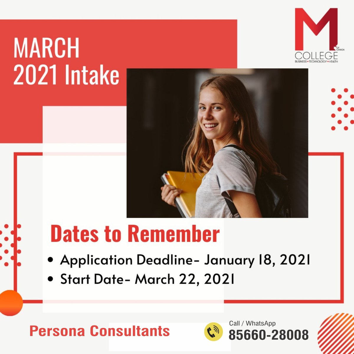 Willing to Trying for Next Intake for M College? Let Persona Consultants Help you in Marking these Important Dates for you!

Application Deadline: JAN 18th, 2021
Start Date- March 22nd, 2021

#PersonaConsultants #BestStudyVisaConsultant #CanadaStudyVisa #MCollege #marchintake