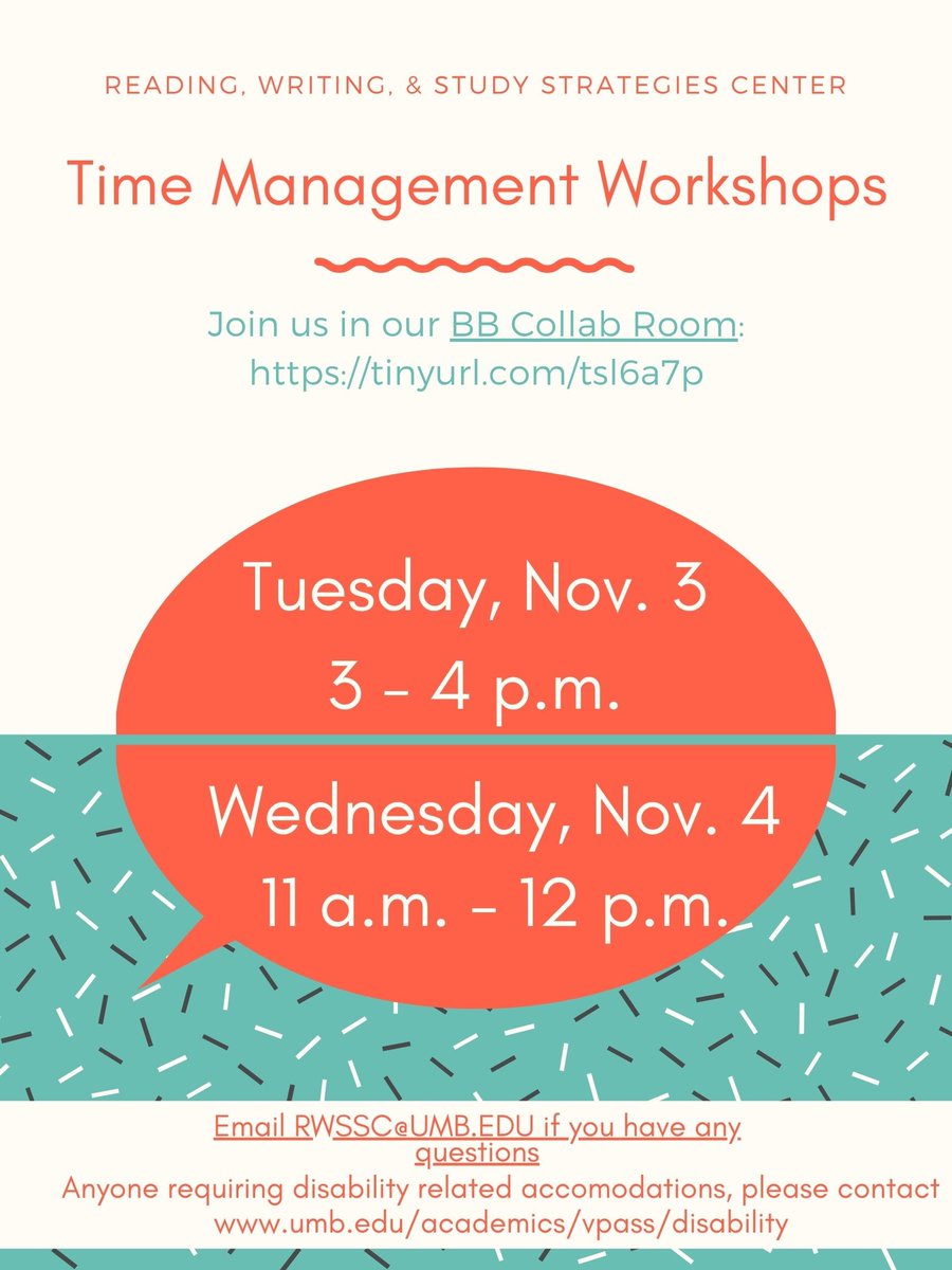 If you can find some time in your busy schedules (or you're maybe struggling to find time for anything in your schedules...) join us next Tuesday and Wednesday for a Time Management Workshop!