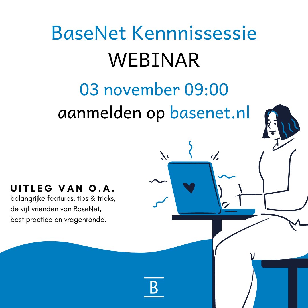 De kennissessies gaan wij nu online aanbieden. In een ochtenddeel bijgepraat worden over BaseNet, gewoon vanuit je eigen werkplek. Sluit kosteloos en geheel vrijblijvend aan:

📅: 3 novemeber 
⌚: 09:00 uur
🔗: basenet.nl/evenementen/ 
@: wie tag jij?