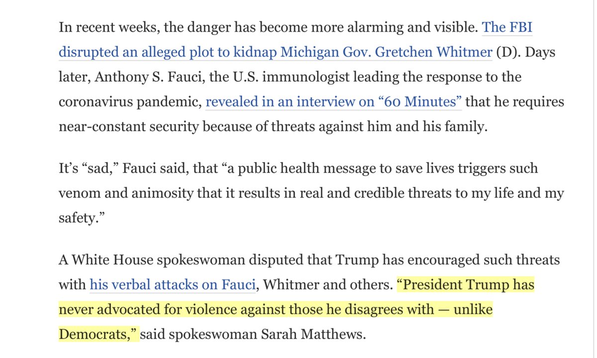 In which  @realDonaldTrump  @WhiteHouse  @SarahMatthews45 engage in the most egregious gas lighting. Do they think we can’t remember-MAGA Bomber-CNN bomb & mass shooting threats-Boston Globe mass shooting threats-attacks of numerous Governors Mayors etc https://www.washingtonpost.com/national-security/threats-follow-trump-poliical-attacks/2020/10/28/c6dbce02-1792-11eb-82db-60b15c874105_story.html