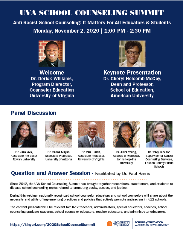 Couldn't register for the <a href="/UVAEdu/">UVA School of Education and Human Development</a> School Counseling Summit on Monday, Nov 2nd at 1pm because it was full? Join our Youtube Livestream here: youtu.be/pPoD5lIXXZI
<a href="/chm91364/">Cheryl Holcomb-McCoy</a> <a href="/DrRDMayes/">Dr. Renae D. Mayes (She/Her)</a> <a href="/karaieva24/">Kara Ieva</a> <a href="/datacounselor/">Anita Young</a> <a href="/TracyLJackson/">Dr. Tracy L. Jackson-Tapscott</a> <a href="/Derickjavon/">Derick Williams</a>