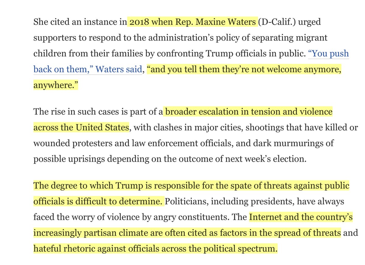 I want you to understand the repugnance of  @SarahMatthews45 ”comments” and asinine pivot to  @RepMaxineWaters Had Ms Matthews run a basic google search -she would have known how mendacious her pivot was/is https://www.washingtonpost.com/national-security/threats-follow-trump-poliical-attacks/2020/10/28/c6dbce02-1792-11eb-82db-60b15c874105_story.htmlread this thread  https://twitter.com/File411/status/1243694255807311872?s=20