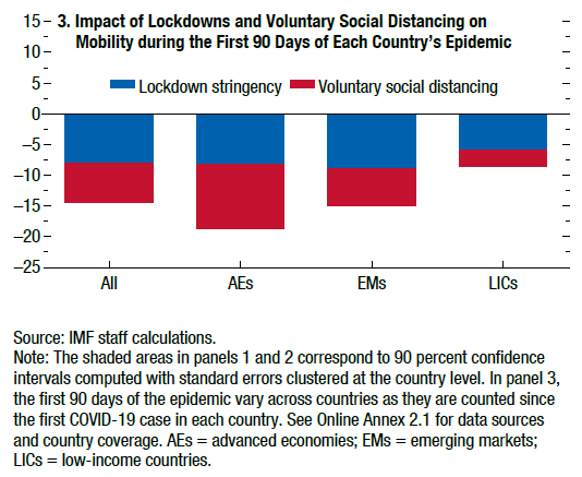 D’après le FMI, environ la moitié de la baisse d’activité enregistrée lors de la première vague s’explique par une distanciation sociale volontaire, et le reste par l’effet propre du confinement.